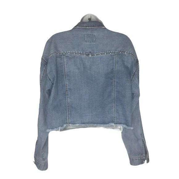 Liverpool Faded Blue Distressed Wide Long Sleeve Crop Denim Jean Jacket Medium - Picture 2 of 14